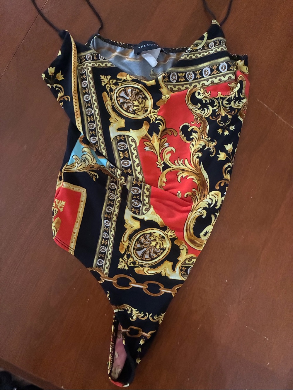 Seduce Black, Red & Gold Baroque Print Spaghetti-Strap Bodysuit